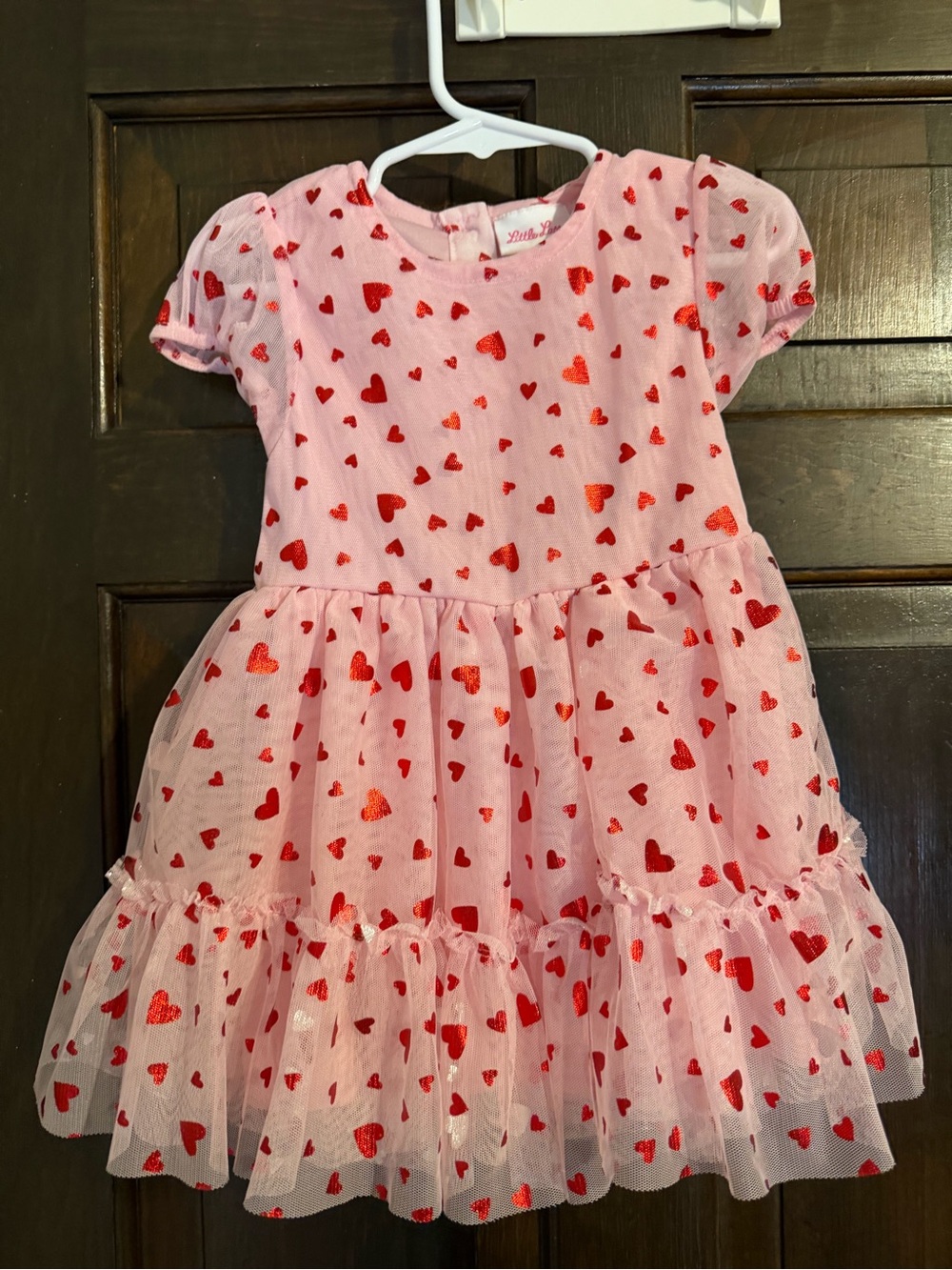 Little Lass Pink Dress with Red Heart Print - Tulle Skirt